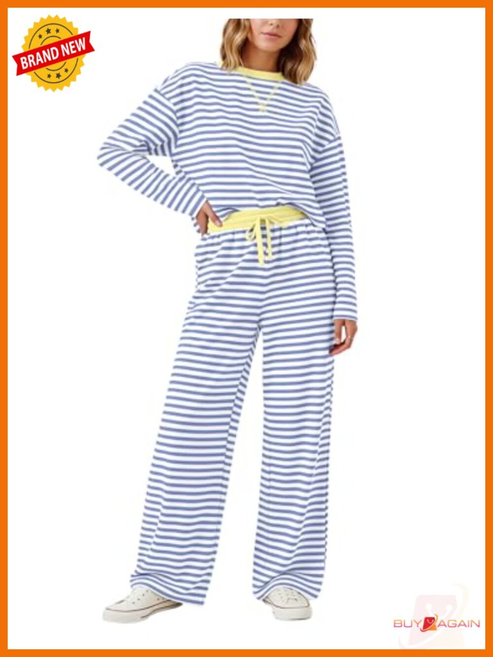 Womens Striped 2 Piece Lounge Set Long Sleeve Tee Wide Leg Pants Cotton Blend
